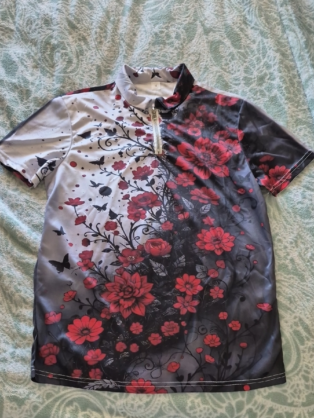 Floral Half-Zip Cycling Jersey in Red and Black